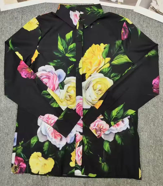 Women Black Floral Print Fashion Two Piece Short Set