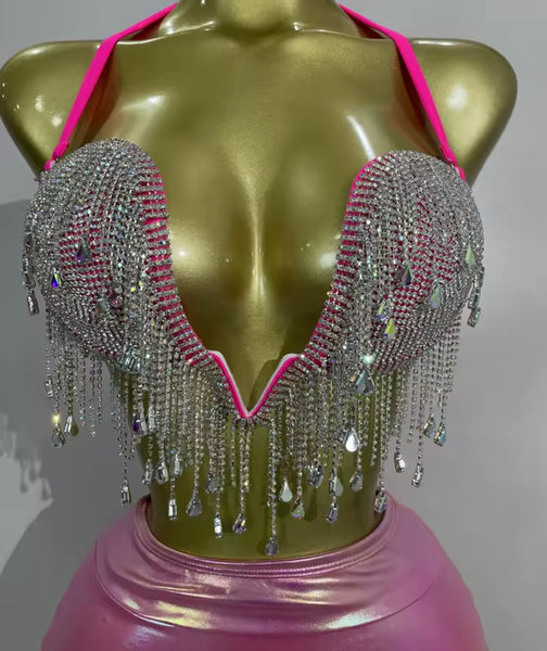 Women Rhinestone Tassel Halter Sleeveless Two Piece PU Skirt Set