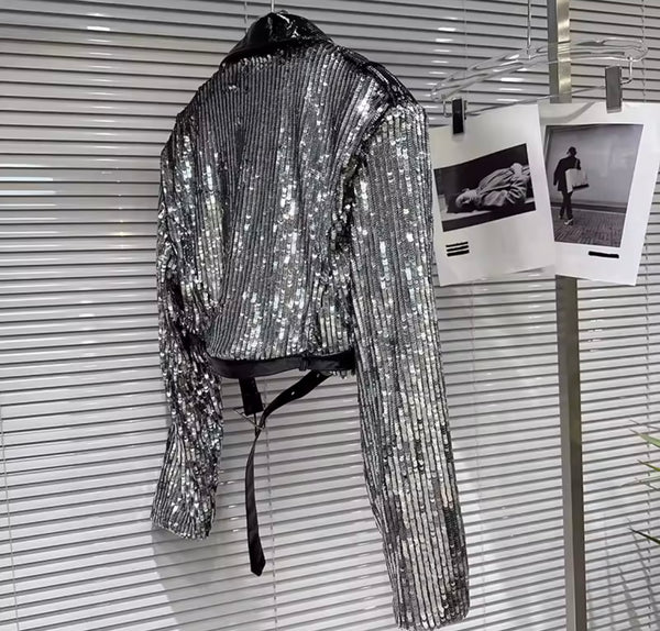 Women Fashion Sequins PU Buckled Jacket