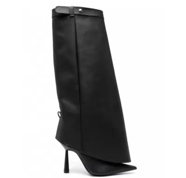 Women Black Pointed Toe Buckled Faux Leather Knee High Boots
