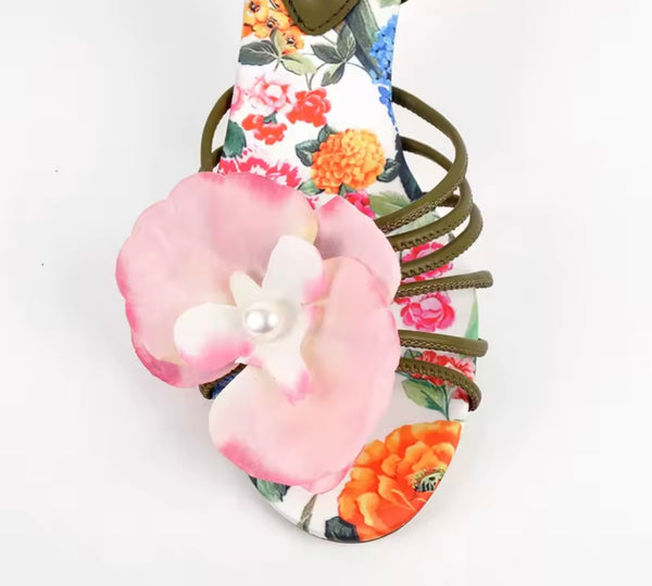 Women Fashion Floral Lace Up High Heel Sandals