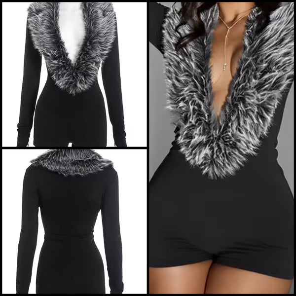 Women Fur Patchwork Black Full Sleeve V-Neck Romper