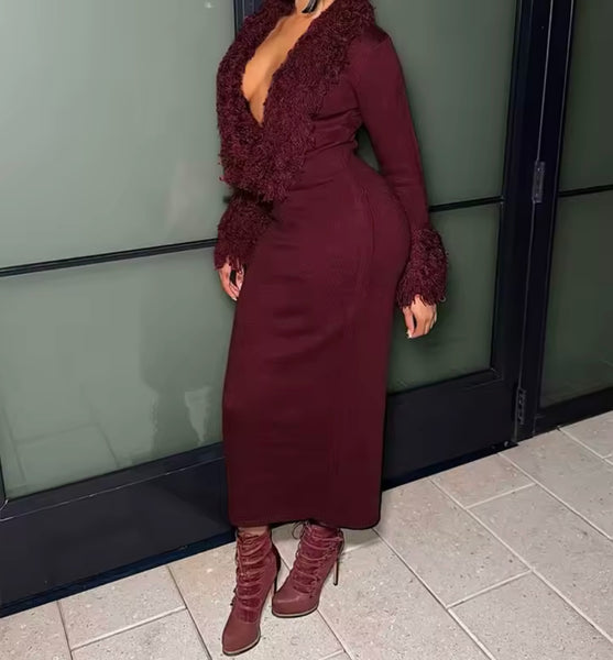 Women Sexy Burgundy Knitted Fringe Full Sleeve Maxi Dress