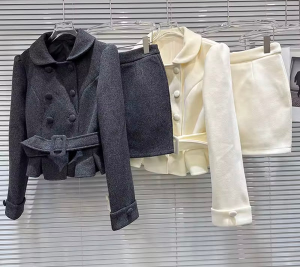Women Button Up Belted Blazer Fashion Two Piece Skirt Set