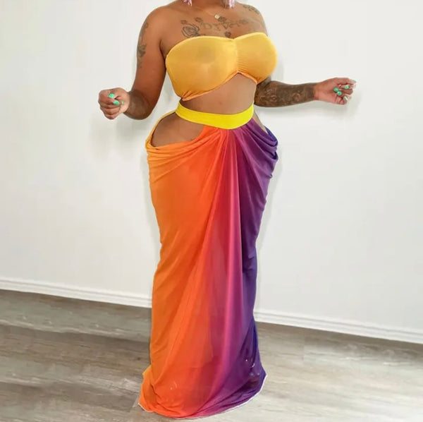 Women Sexy Strapless Multicolored Two Piece Maxi Skirt Set