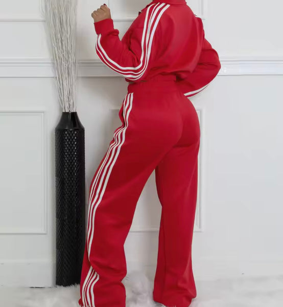 Women Striped Zip Up Fashion Two Piece Tracksuit Pant Set