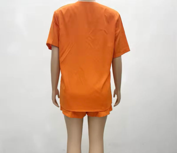 Women Sexy Orange Gold Button Short Sleeve Two Piece Short Set