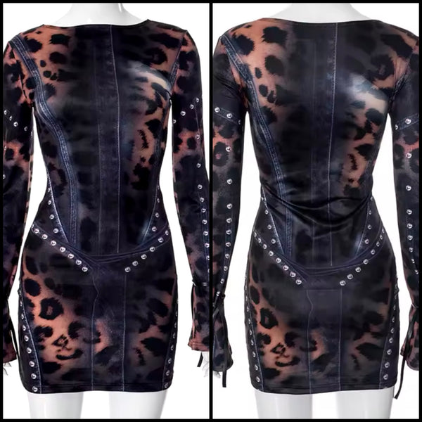 Women Sexy Leopard Rivet Full Sleeve Dress