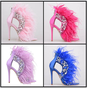 Women Fashion Bling Faux Fur High Heel Sandals