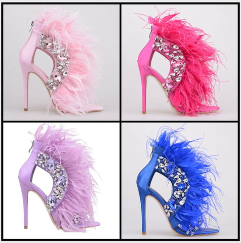 Women Fashion Bling Faux Fur High Heel Sandals