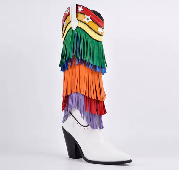 Women White Multicolored Fringe Tassel Knee High Western Boots