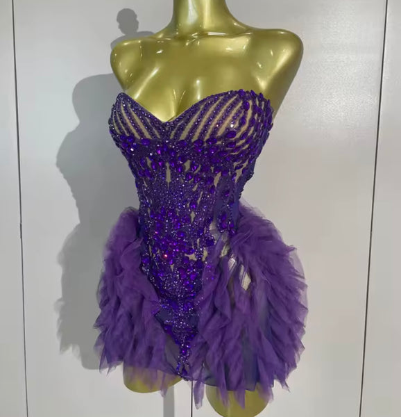 Women Sexy Strapless Purple Ruffle Rhinestone Mesh Dress