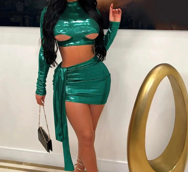 Women Sexy Green PU Full Sleeve Crop Two Piece Skirt Set