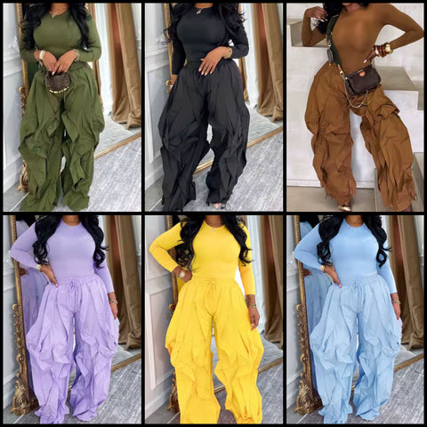 Women Fashion Solid Color Full Sleeve Two Piece Ruffled Pant Set