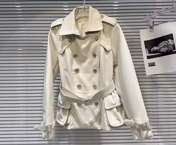 Women Fashion Button Belted Faux Leather Jacket