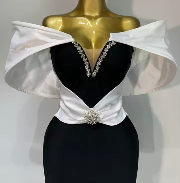 Women Sexy Strapless B&W Rhinestone Maxi Dress