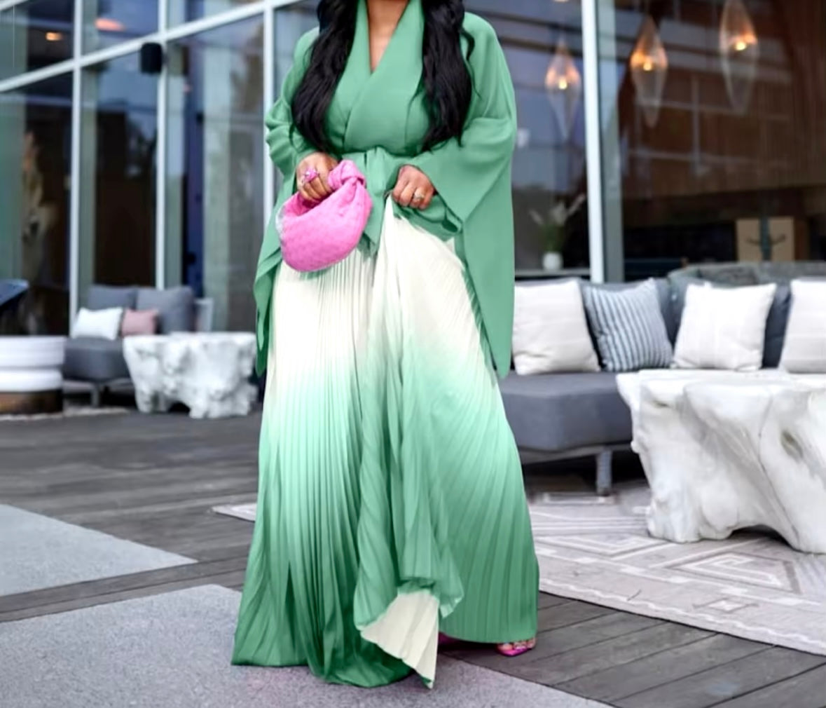 Women Full Sleeve Gradient Two Piece Pleated Maxi Skirt Set