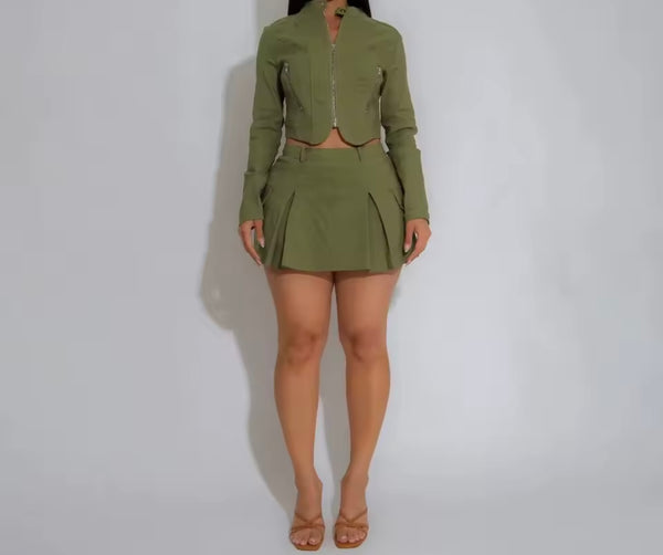 Women Zip Up Full Sleeve Fashion Two Piece Pleated Skirt Set