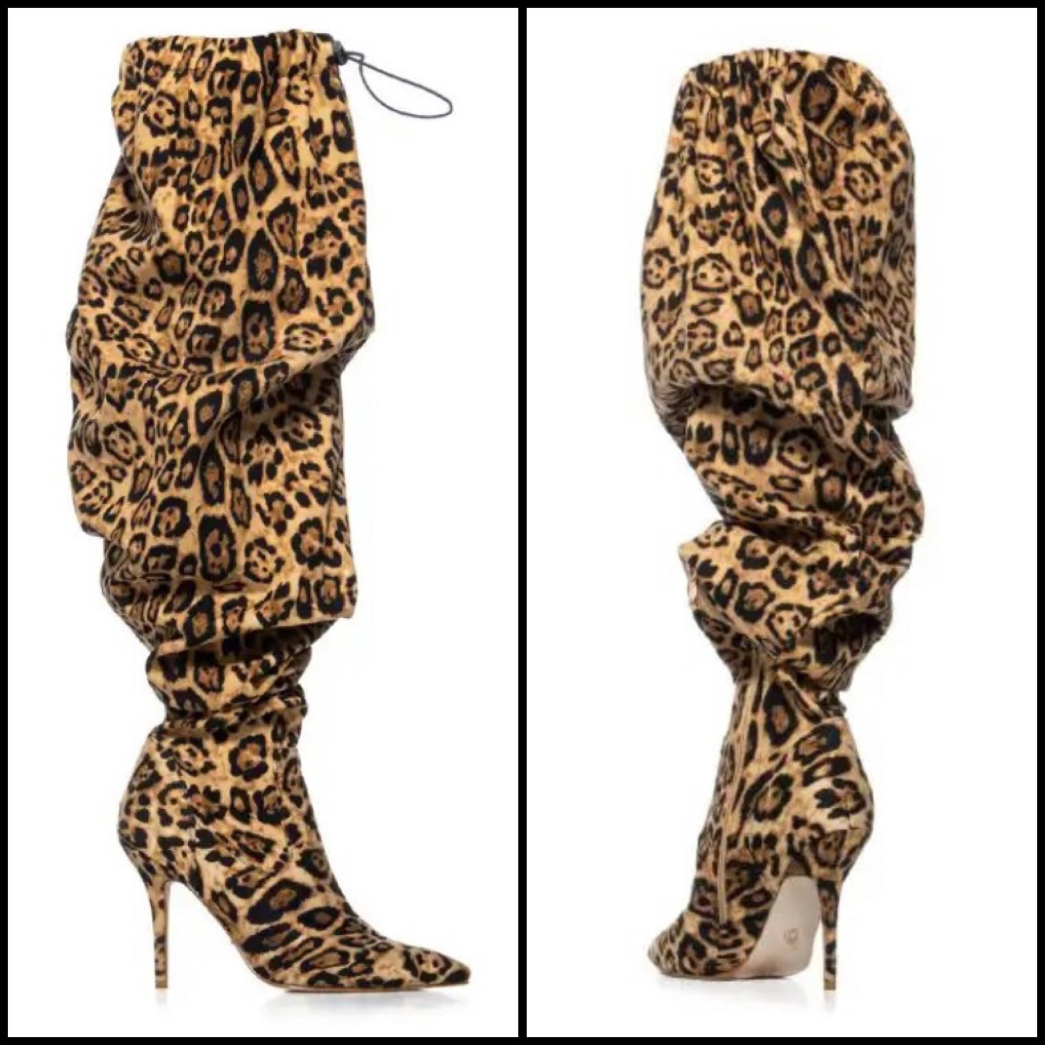 Women Fashion Leopard Drawstring Ruched Knee High Boots