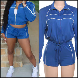Women Fashion Blue Striped Tracksuit Two Piece Short Set