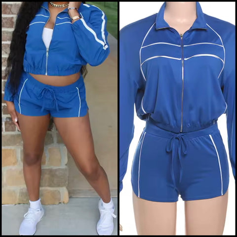Women Fashion Blue Striped Tracksuit Two Piece Short Set