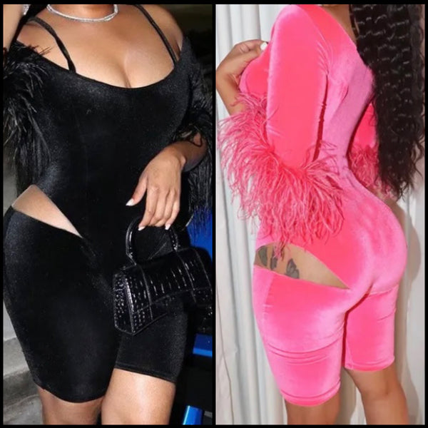 Women Sexy Feather Short Sleeve Cut Out Velour Romper