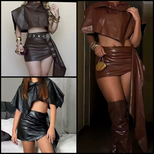 Women Faux Leather Irregular Crop Two Piece Skirt Set