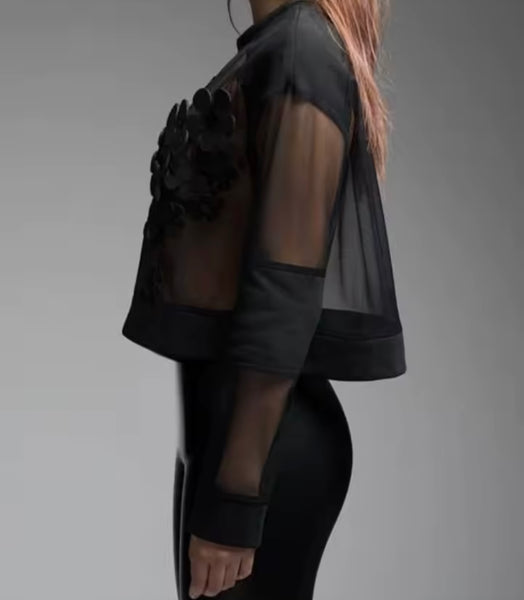 Women Black Floral Mesh Full Sleeve Crop Top