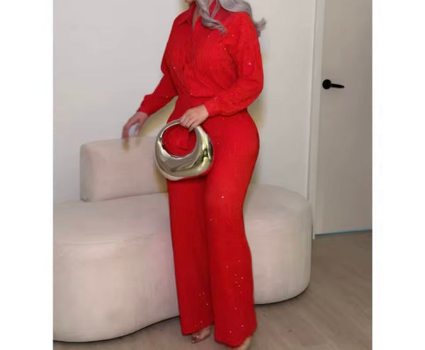 Women Button Up Full Sleeve Ribbed Two Piece Pant Set