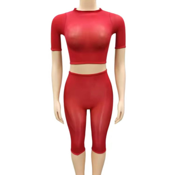Women Sexy See Through Mesh Two Piece Capri Pant Set