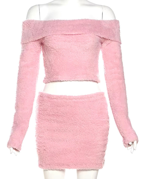 Women Sexy Solid Color Furry Off The Shoulder Two Piece Skirt Set