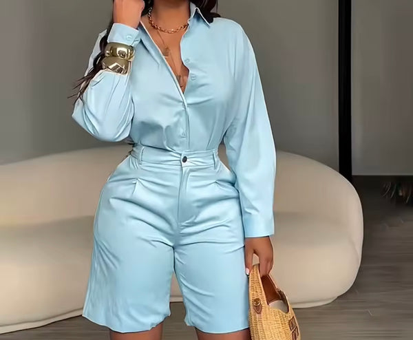 Women Color Fashion Button Up Two Piece Short Set