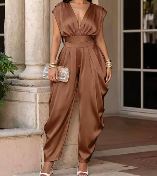 Women Ruched Sexy Satin Sleeveless Two Piece Pant Set