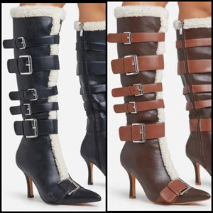 Women Pointed Toe Buckled Faux Leather Wool Patchwork Boots