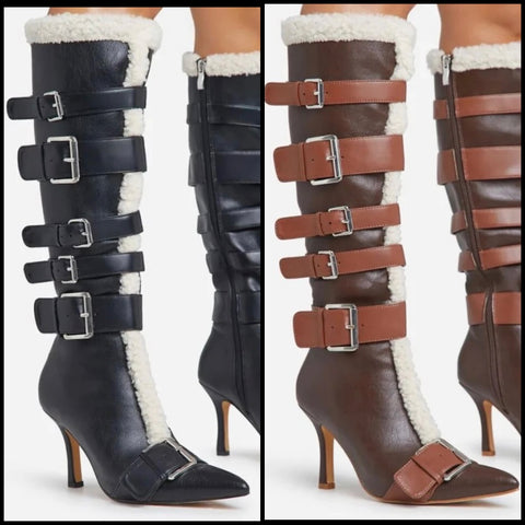 Women Pointed Toe Buckled Faux Leather Wool Patchwork Boots