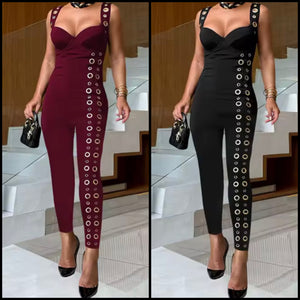 Women Color Sleeveless Metal Ring Fashion Jumpsuit