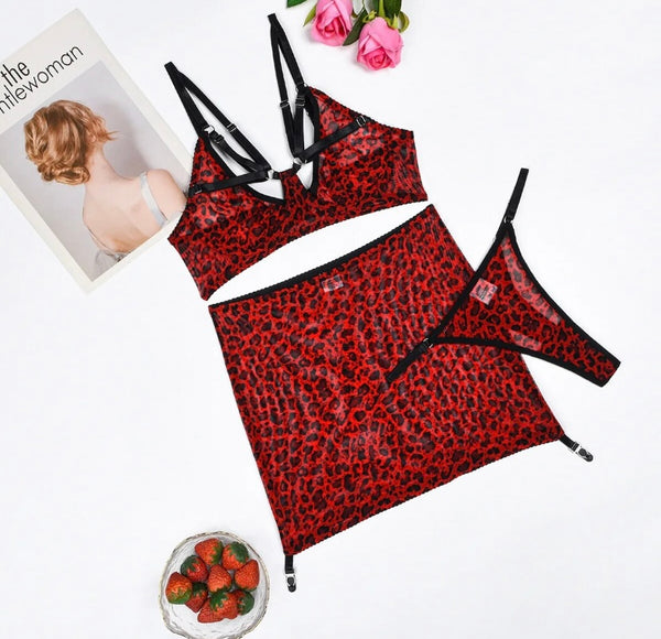 Women Sexy Red Leopard Print Lingerie Set