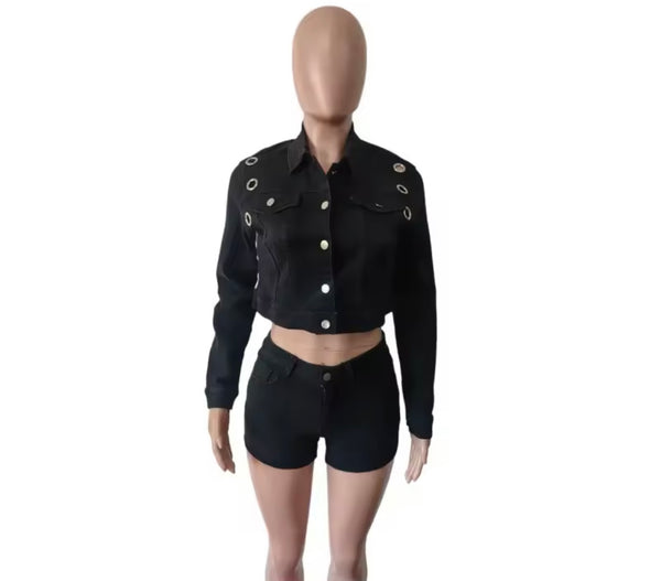 Women Black Button Up Metal Denim Jacket Two Piece Short Set