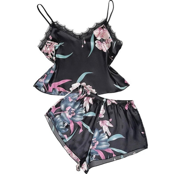 Women Black Floral Sexy Sleeveless Satin Lingerie Set