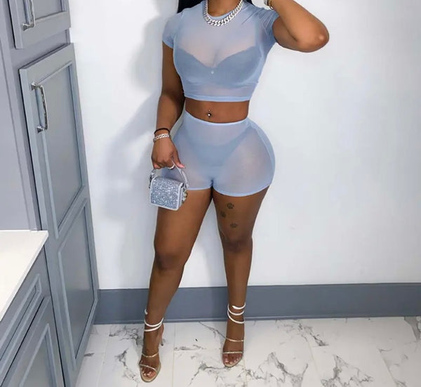 Women Sexy Short Sleeve See Through Mesh Two Piece Short Set