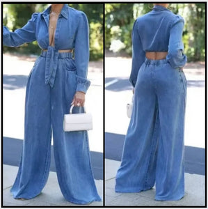 Women Sexy Fashion Denim Two Piece Full Sleeve Wide Leg Pant Set