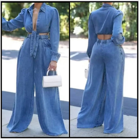 Women Sexy Fashion Denim Two Piece Full Sleeve Wide Leg Pant Set