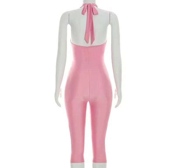 Women Halter Sleeveless Metal Sexy Capri Jumpsuit