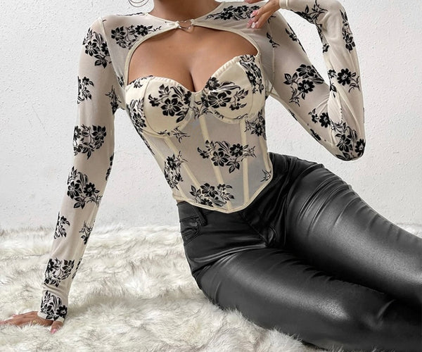 Women Sexy Full Sleeve Floral Mesh Cut Out Top