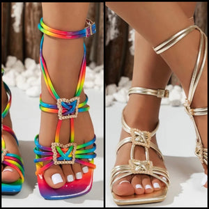 Women Fashion Rainbow/Gold Ankle Strap Flat Sandals