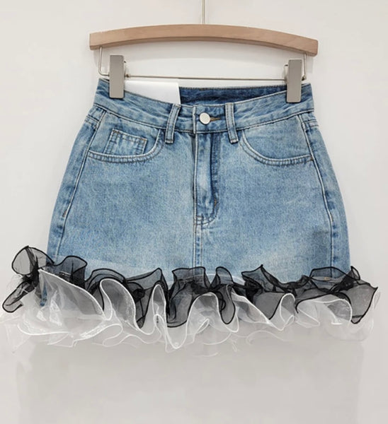 Women Fashion Ruffled Mesh Denim Skirt