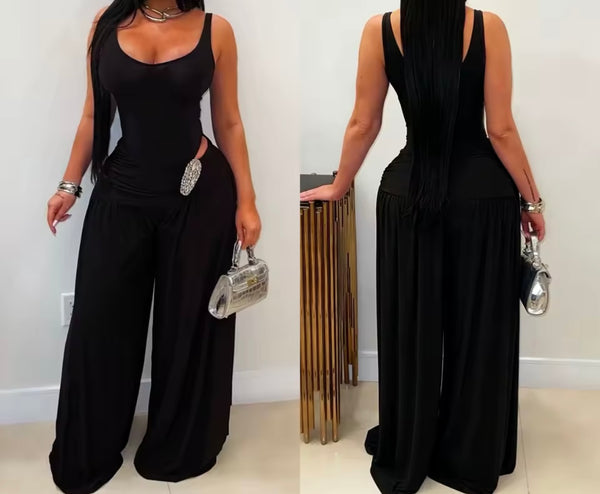 Women Sleeveless Metal Ruched Wide Leg Jumpsuit