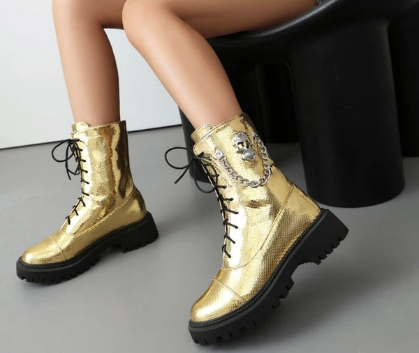 Women Fashion Metallic Skeleton Chain Lace Up Boots