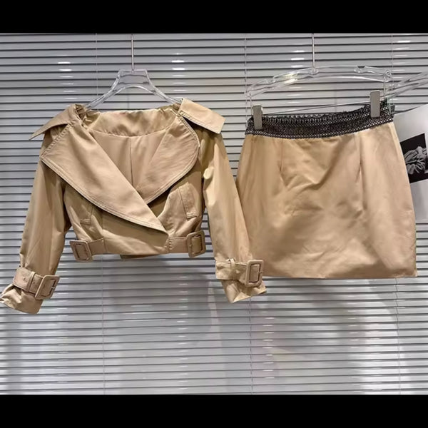 Women Fashion Khaki Buckle Full Sleeve Two Piece Skirt Set