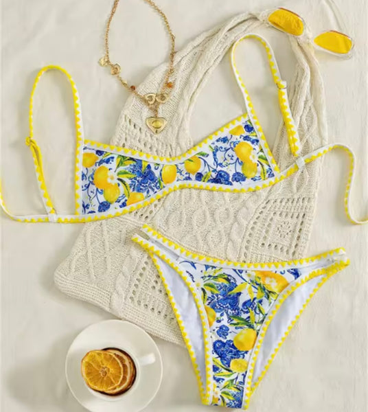 Women Sexy Lemon Print Bikini Swimsuit